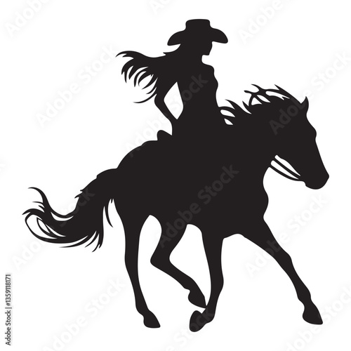 Cowgirl Silhouette Riding Horse in Western Style Artwork Design
