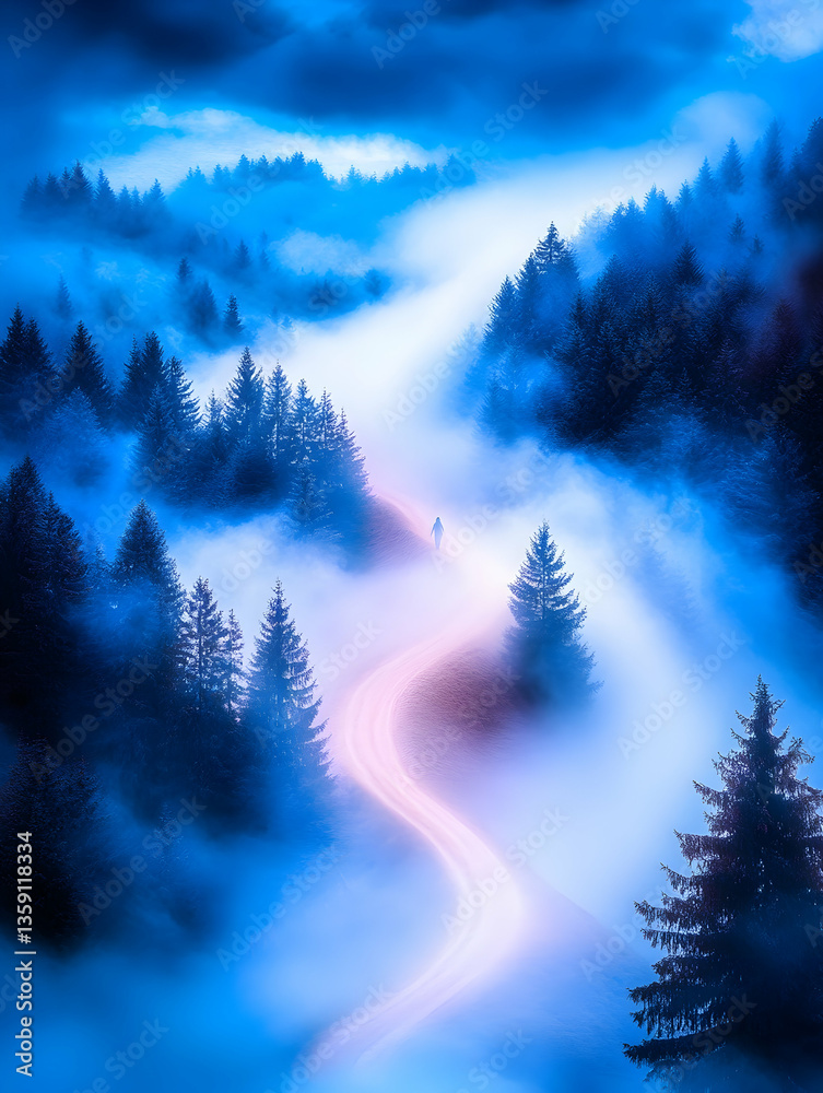 Fototapeta premium Misty Mountain Road Winding Through Trees