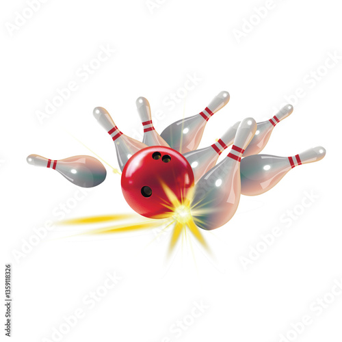 Bowling strike hit with red ball hitting seven pins in the alley