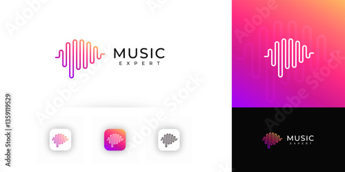 Sound wave in brain shape logo with vibrant gradient line symbolizing audio signal. Ideal for music platforms, audio branding, media apps. Vector illustration.