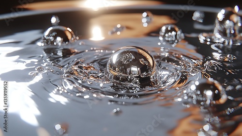 Liquid metal spheres impacting water surface, creating ripples and bubbles.