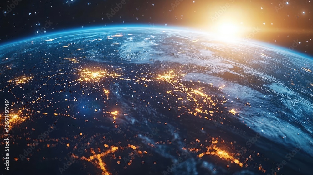 Earth at night highlighting finance, cityscapes, and connections concept. A stunning view of Earth from space with glowing city lights. Earth at night highlighting finance, cityscapes, and connections concept. A stunning view of Earth from space with glowing city lights.