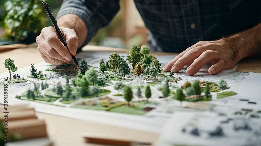 Fototapeta premium Designer sketching intricate garden plan at desk miniature trees arranged creative details artistic and precise.