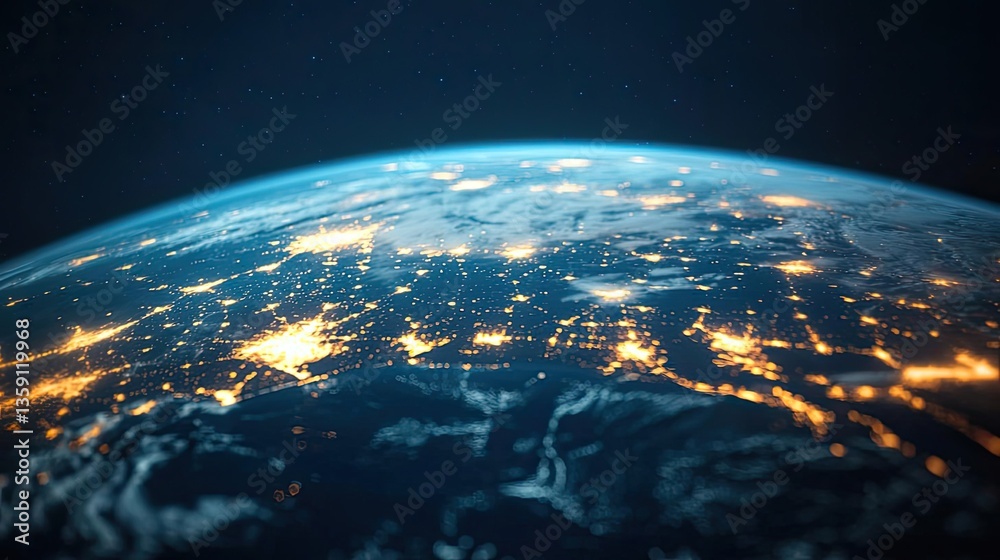 Obraz premium Earth at night showcasing world map and communication network concept. A high-resolution view of Earth illuminated at night.