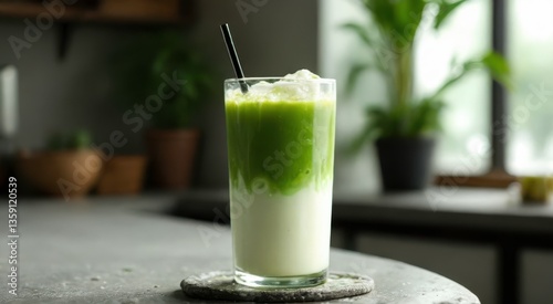 Refreshing Matcha Latte in a Stylish Kitchen Setting