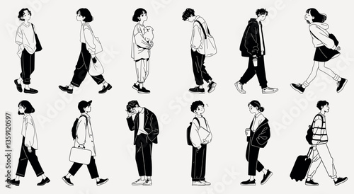 Stylish monochrome girl illustrations, element vector set