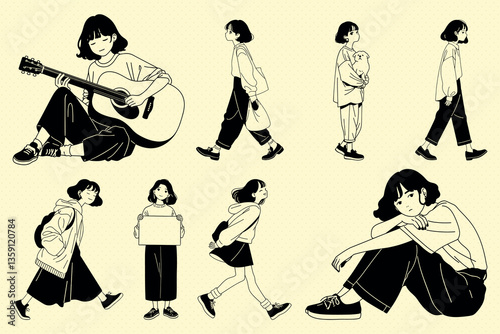 Stylish monochrome girl illustrations, element vector set