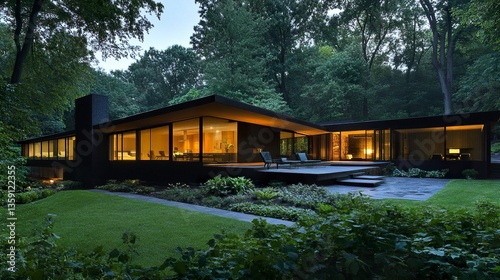 Elegant minimalist house dark exterior glowing interior lights lush green garden modern tranquil outdoor setting. 