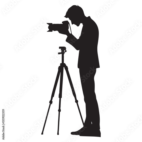Silhouette Photographer Taking Photo Illustration Standing With Tripod
