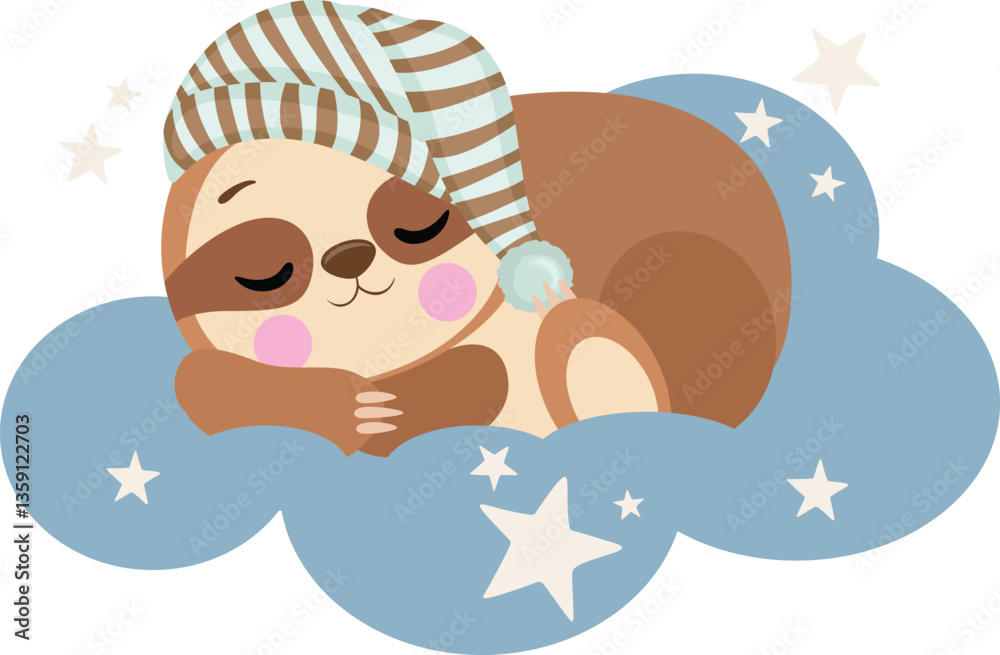 Fototapeta premium Cute brown sloth sleeping on blue cloud
