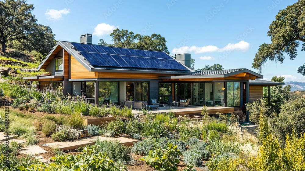 Energy-efficient home with green facades solar-powered systems and eco-friendly landscaping blending with the environment Energy-efficient home with green facades solar-powered systems and eco-friendly landscaping blending with the environment