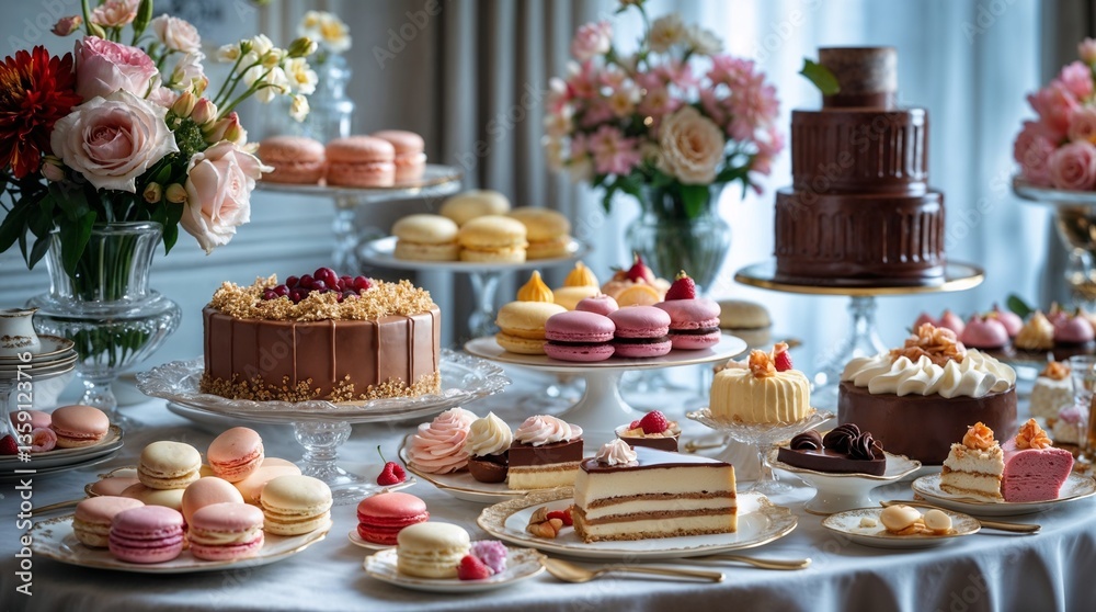 A table full of desserts including cakes, pastries, and macaroons A table full of desserts including cakes, pastries, and macaroons