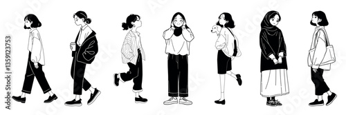 Stylish monochrome anime characters, element vector set