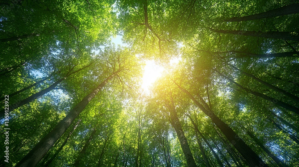 Fototapeta premium Expansive green forest vibrant foliage crisp blue sky overhead radiant natural harmony. 