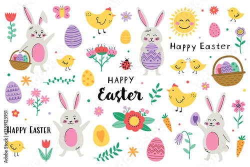 Collection of Easter icons: bunny, chick, egg and flowers. Cute cartoon style elements. Vector illustration