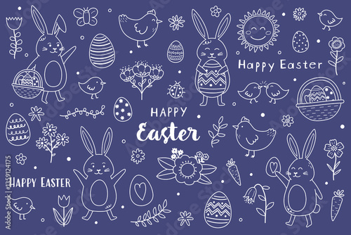 Easter set with cute hand drawn elements: bunny, chick, egg and flower. Cartoon style characters. Vector illustration