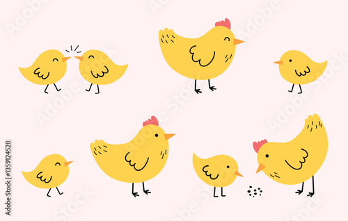 Cute cartoon chicks and chickens. Easter chicks. Set. Vector illustration