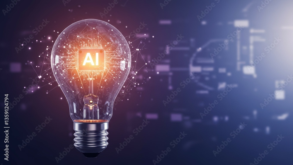 Light bulb with AI symbol and circuitry background Illustrates innovation, technology, and artificial intelligence concepts