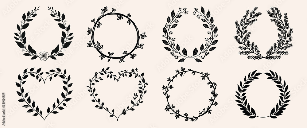 Obraz premium Elegant botanical wreath isolated illustration, vector set