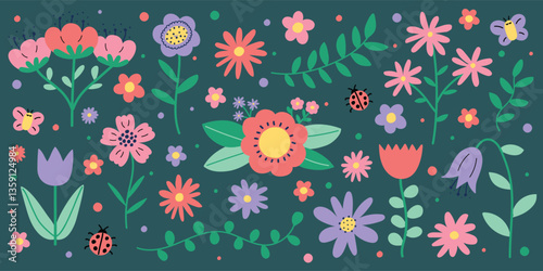 Colourful spring flowers set. Icons in cartoon style. Vector illustration