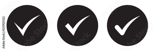 white check mark icon on black round circle, box, badge  white background eps file type flat style tick icon for web site design, logo, app, UI design.