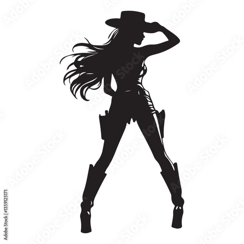 Cowgirl Silhouette with Guns Vector Illustration Standing Boldly