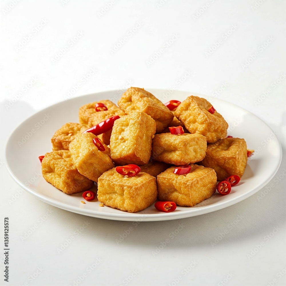 Fried Tofu with Chili Slices on a White Plate Fried Tofu with Chili Slices on a White Plate
