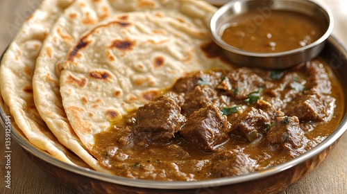 Layered flatbread made from maida or whole wheat flour served with a rich and spicy Asian curry sauce featuring beef, chicken, and egg. A classic dish from Indian cuisine