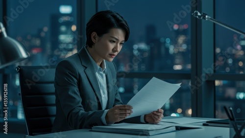 Wallpaper Mural Asian business professional reading document in modern office with city skyline at night Focus on ambition and professionalism Torontodigital.ca