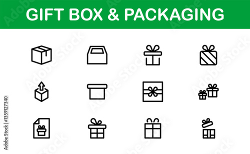 Professional Gift Box and Packaging Icon Set Vector Illustration. Most Useful Icons for Gift Wrapping, Boxes, and Packaging