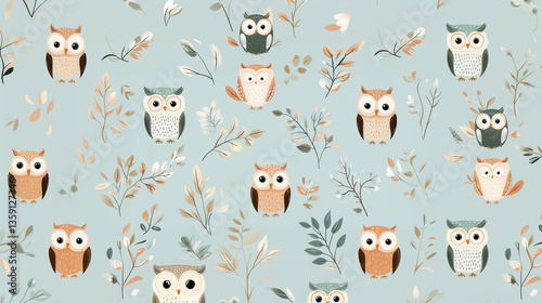 Seamless pattern with cute cartoon owls and soft botanical motifs on pastel blue background.