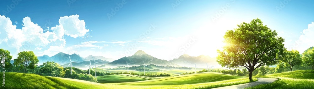 Fototapeta premium Clean energy farm watercolor painting serene landscape nature art bright horizon eco-friendly concept