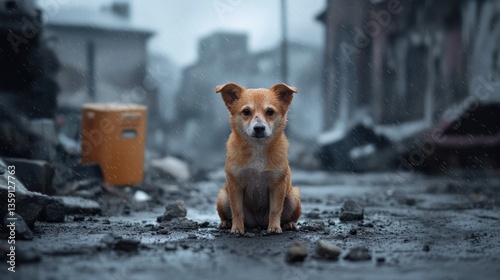Fototapeta Naklejka Na Ścianę i Meble -  A small, abandoned dog shivering in the cold rain, longing for a home, heart-touching rescue scene