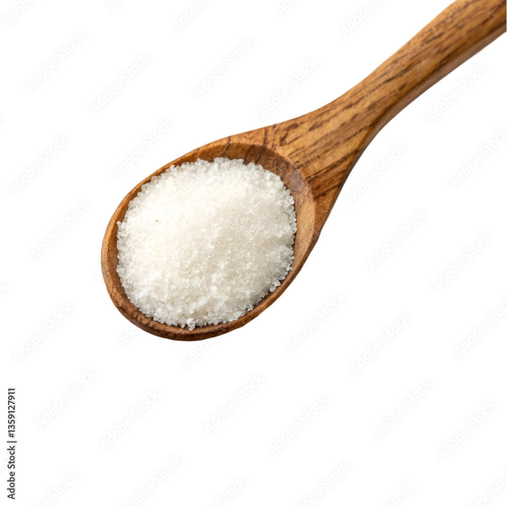 A wooden spoon filled with white sugar A wooden spoon filled with white sugar
