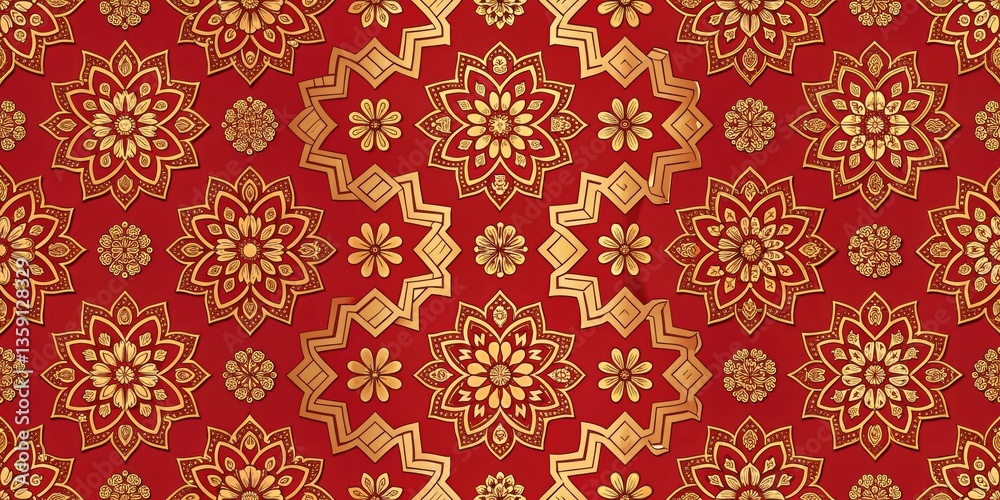 A Repeating Pattern of Intricate Golden Floral Motifs on a Red Background A Repeating Pattern of Intricate Golden Floral Motifs on a Red Background