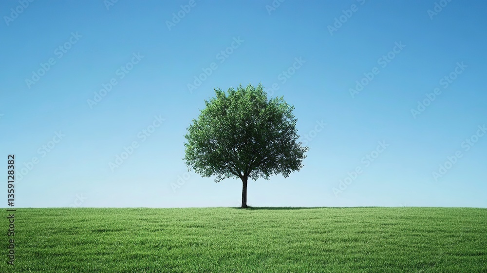 Obraz premium Lonely tree in an expansive green field under a clear, bright blue sky during a sunny day