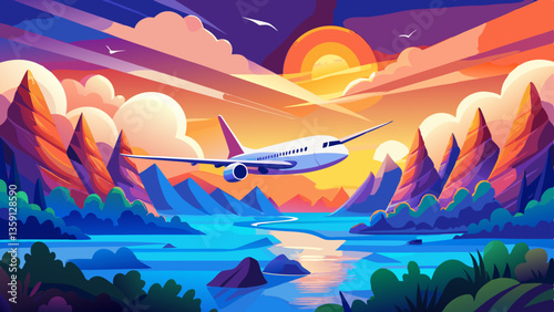 Landing airplane. Landscape with white passenger airplane is flying in the blue sky with clouds at colorful sunset. Travel background. Passenger airliner. Business trip. Commercial aircraft. 