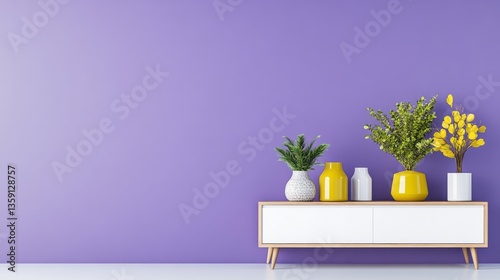 Purple wall backdrop featuring a sideboard with ornamental plants