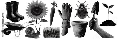 Set of gardening and nature halftone grunge vector design elements