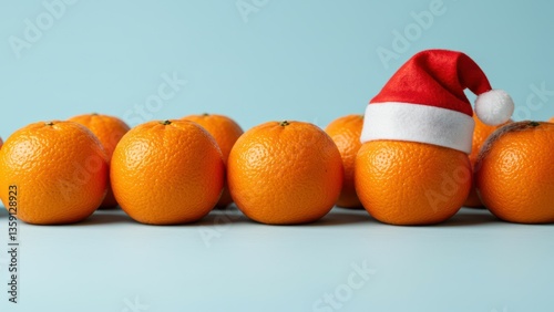 Oranges decorated with Christmas hat against light blue background Represents holiday spirit, celebration, cheerfulness