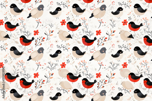 Seamless pattern with cute cartoon birds and flowers in soft colors.