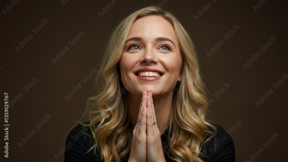 Young Caucasian woman with long blonde hair smiling and praying in studio Concepts of hope and gratitude
