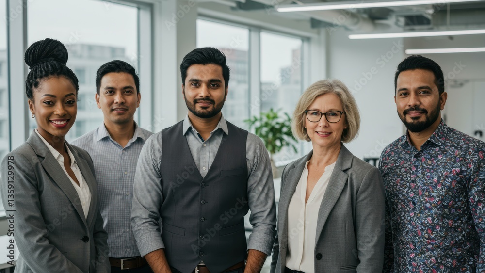 Diverse professional group in modern office setting showcasing teamwork, collaboration, and workplace diversity Diverse professional group in modern office setting showcasing teamwork, collaboration, and workplace diversity