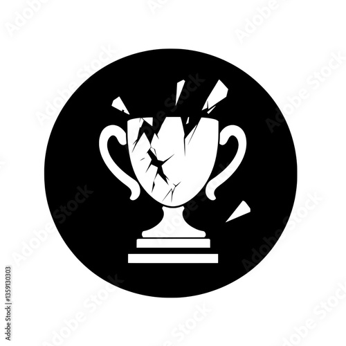 Black and white illustration of a shattered trophy inside a dark circular frame, symbolizing failure, loss, or broken success in competitive environments.