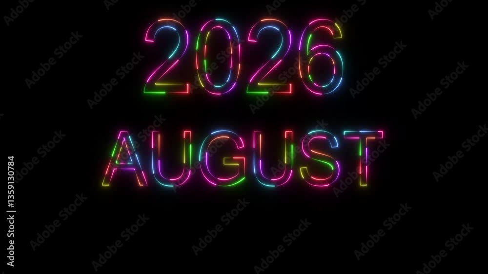 abstract neon rainbow colors 2026 August month animation , on a black background , and 4k video. abstract neon rainbow colors 2026 August month animation , on a black background , and 4k video.