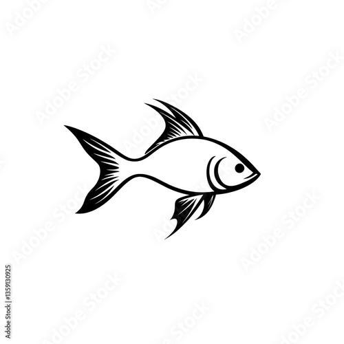 Simple black and white illustration of a small streamlined fish, representing marine biodiversity, ocean wildlife, or fishing industry graphics.