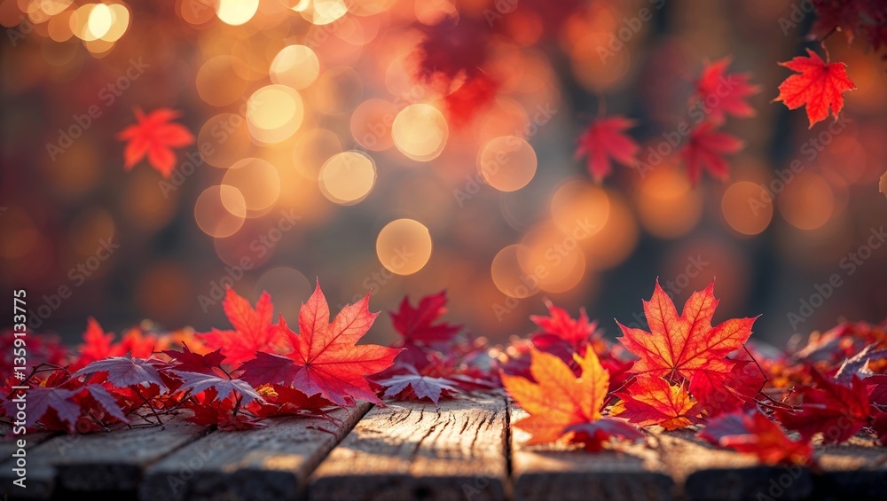 Εκτύπωση καμβά Vibrant red maple leaves scattered on a wooden surface in a sunlit autumn settin