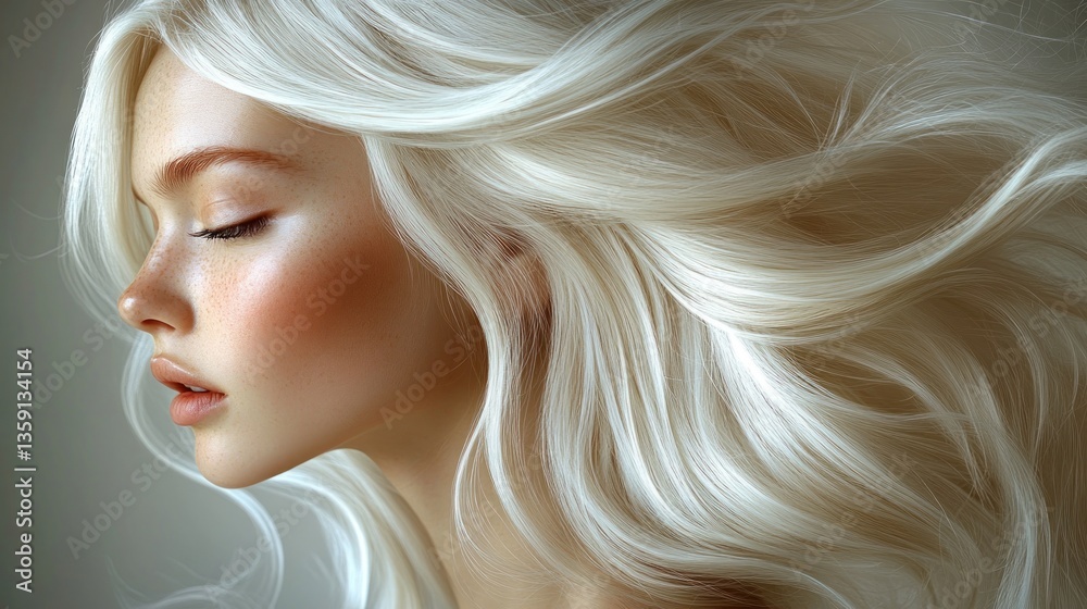 Serene Blonde Beauty: Portrait of a Woman with Flowing Platinum Hair Serene Blonde Beauty: Portrait of a Woman with Flowing Platinum Hair