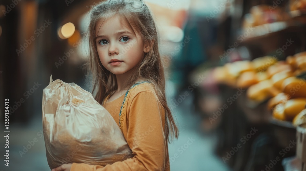 Obraz premium young girl holding paper bag at market
