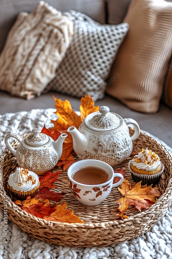 Cozy Autumn Tea Time, Teapot, Cupcakes, and Fall Leaves Cozy Autumn Tea Time, Teapot, Cupcakes, and Fall Leaves